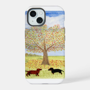 Autumn Tree Painting with Dachshund Dogs iPhone 15 Case