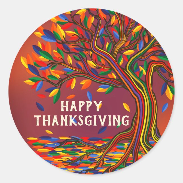 Autumn Tree Personalized Happy Thanksgiving Party Classic Round Sticker (Front)