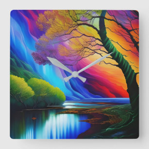 Autumn Tree Rainbow Ridge serene waters Square Wall Clock