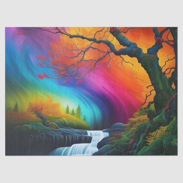 Autumn tree, Rainbow skies waterfalls  Tissue Paper (Front)