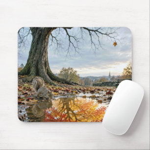 Autumn Tree Reflection in Puddle with Squirrel Mouse Pad