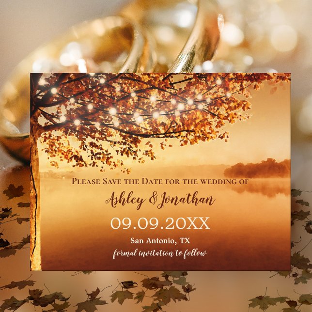 Autumn Tree String Lights Lake View Save the Date Postcard (Creator Uploaded)