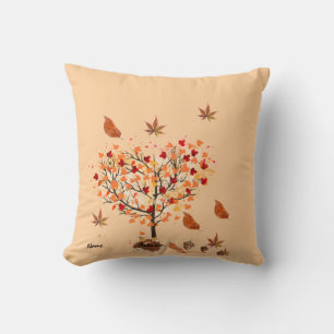 Autumn Tree Throw Pillow with Falling Leaves