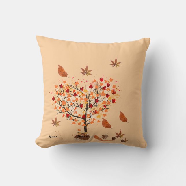 Autumn Tree Throw Pillow with Falling Leaves (Front)