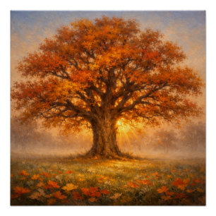 Autumn Tree with Butterflies at Sunrise Poster