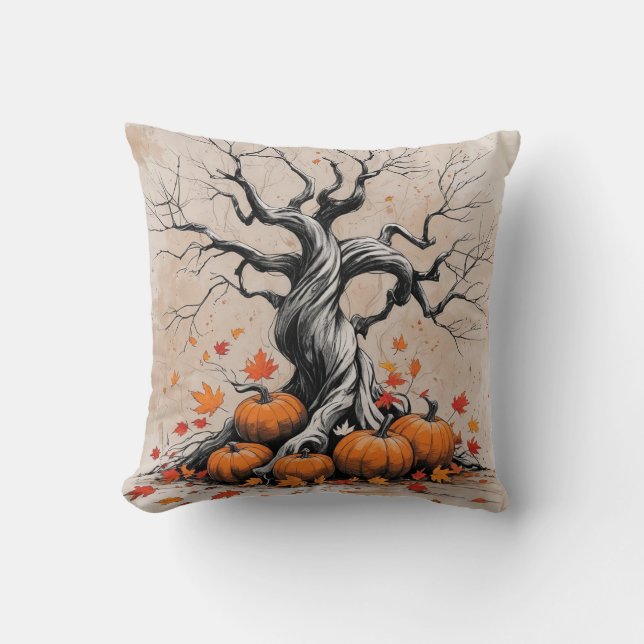Autumn Tree with Pumpkins Pillow (Front)