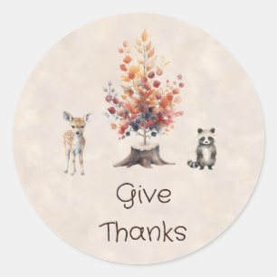 Autumn Tree Woodland Creatures Give Thanks Classic Round Sticker