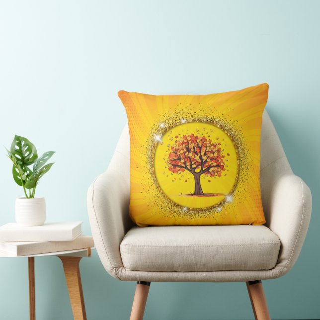 Autumn Tree Yellow Sunburst Sparkle Circle Art Throw Pillow (Chair)