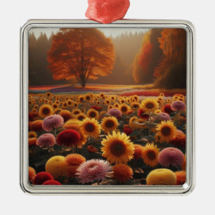 Autumn trees/field with mums metal ornament