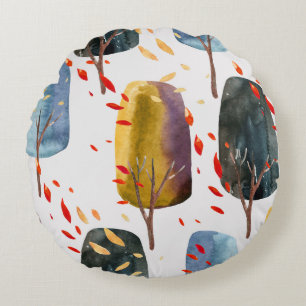 Autumn Trees: Hand Painted Watercolor Seamless Round Pillow