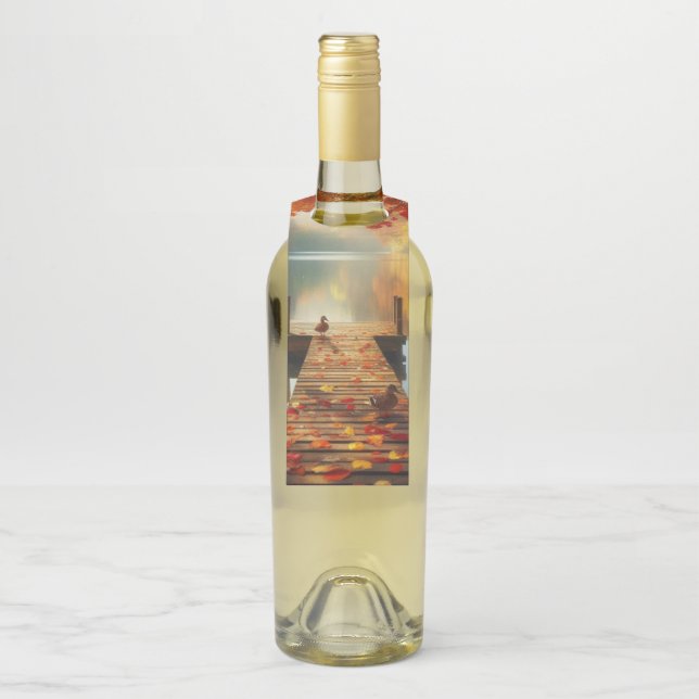 Autumn trees & lake with ducks bottle tag (On Bottle)