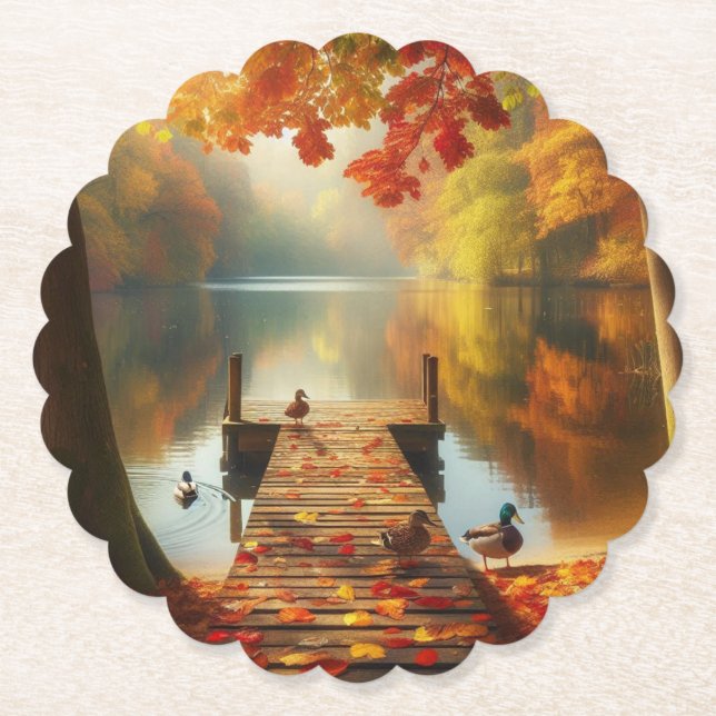 Autumn trees & lake with ducks paper coaster (Front)