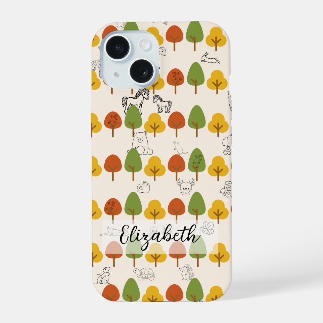 Autumn Trees with Line Art Animals iPhone 15 Case (Back)