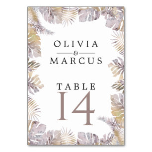 Autumn Tropic Leaves Mauve Gold Watercolor Table Number