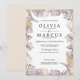 Autumn Tropic Leaves Watercolor Wedding Mauve Gold Invitation