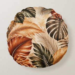 Autumn Tropical Monstera Botanical Pattern Round Pillow