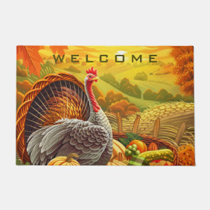 Autumn Turkey Pumpkins Happy Thanksgiving Doormat