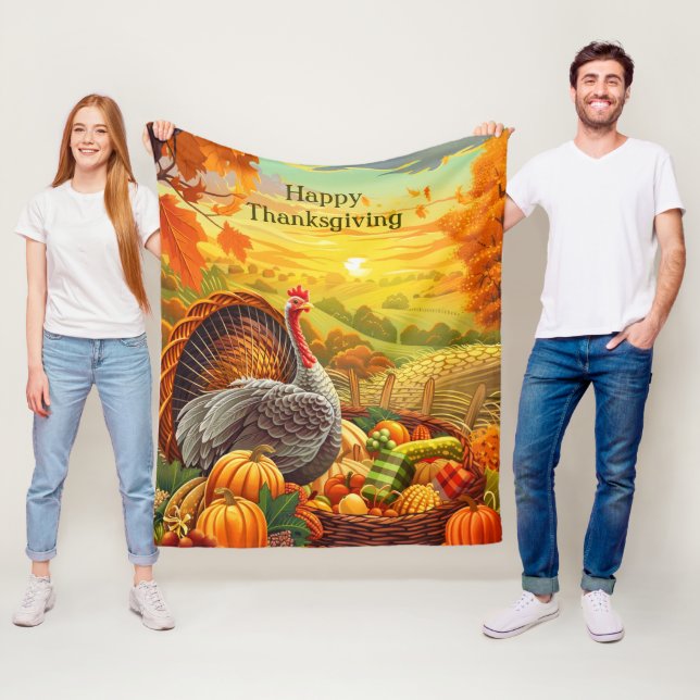 Autumn Turkey Pumpkins Thanksgiving Fleece Blanket (In Situ)