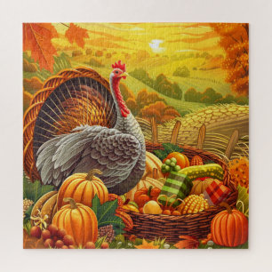 Autumn Turkey Pumpkins Thanksgiving Jigsaw Puzzle