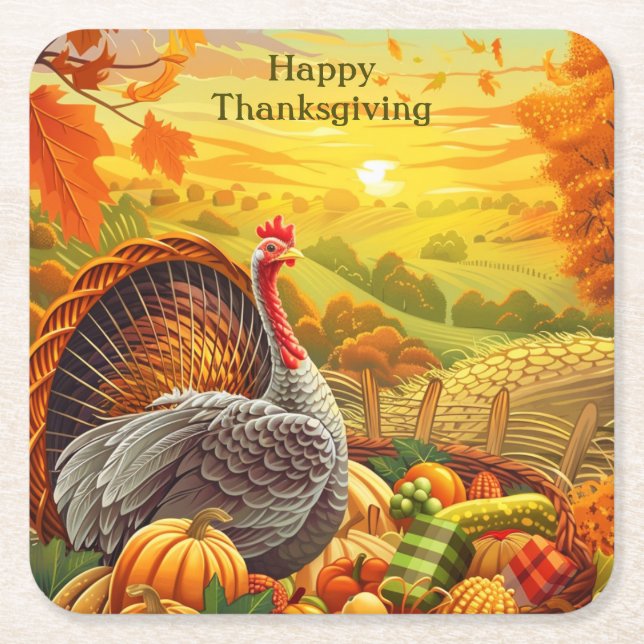 Autumn Turkey Pumpkins Thanksgiving Paper Coaster (Front)