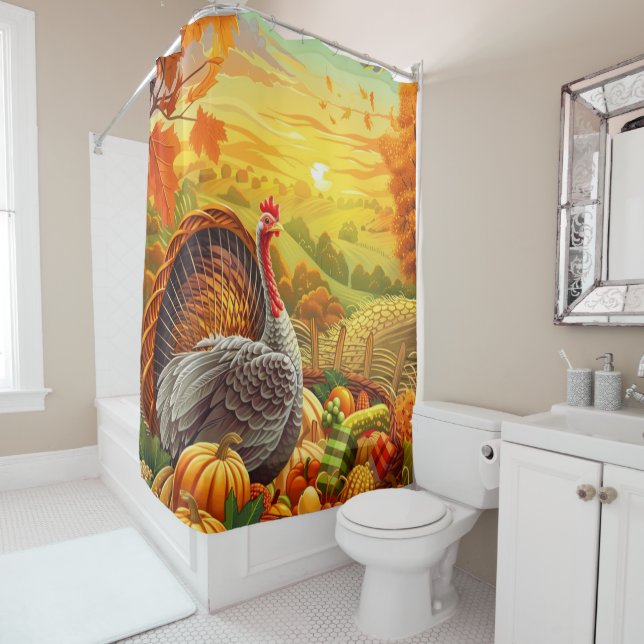 Autumn Turkey Pumpkins Thanksgiving Shower Curtain (In Situ)