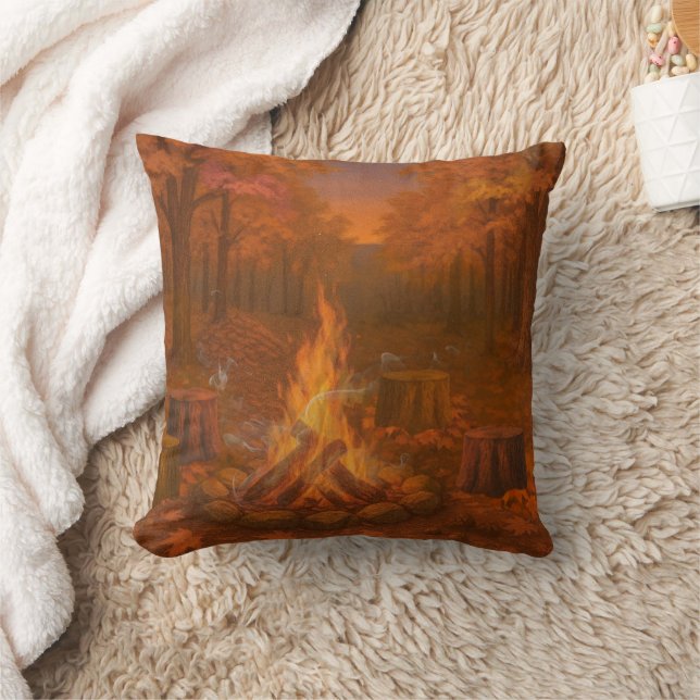 Autumn Twilight Bonfire Throw Pillow (Blanket)