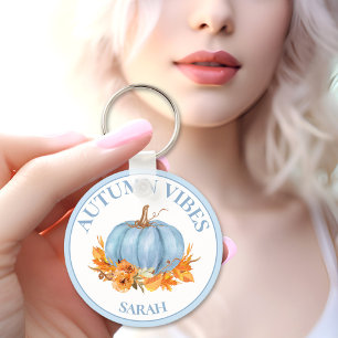 Autumn Vibes Blue Pumpkin Fall Custom Name Keychain