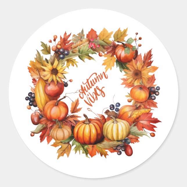 Autumn Vibes Colourful Pumpkin and Berry Wreath  Classic Round Sticker (Front)