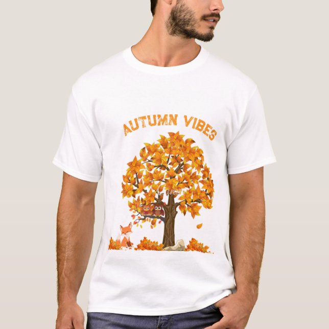 Autumn Vibes T-Shirt with Cozy Fall Leaves Design (Front)