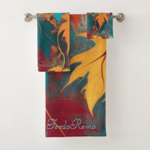 Autumn Vibrant Leaves Orange Burgundy Cyan Modern  Bath Towel Set