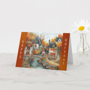 Autumn Village Bridge Illustration Thanksgiving Card