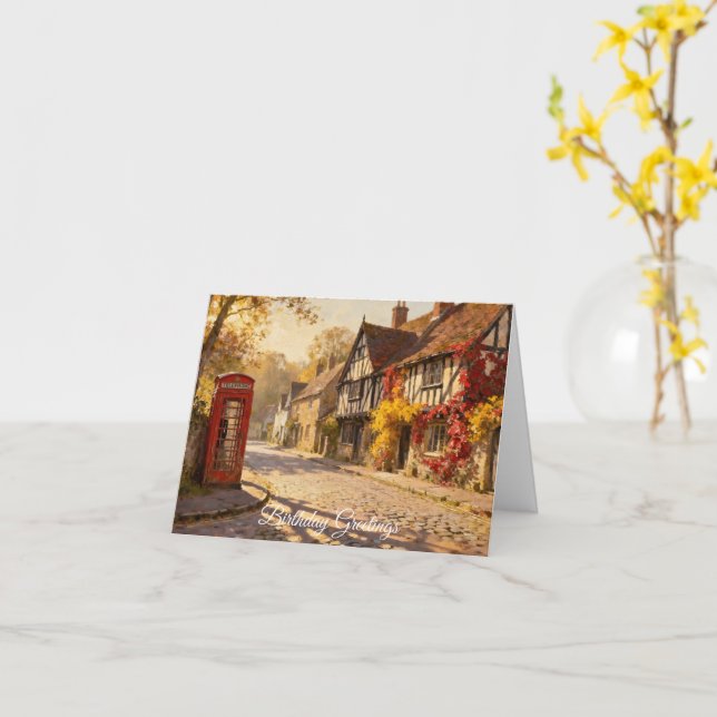 Autumn Village Scene in Golden Light Greeting Card (Yellow Flower)