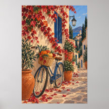 Autumn Village Street with Bicycle and Pumpkins