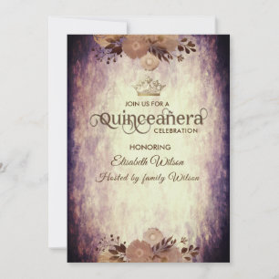 Autumn vintage elegant floral  tiara Quinceañera Invitation