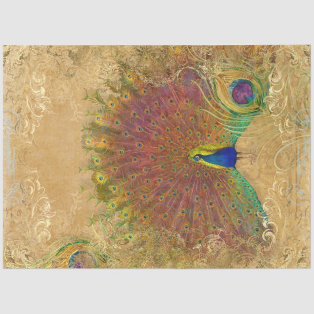 Autumn Vintage Peacock Feather Gold Decoupage  Tissue Paper (Front)