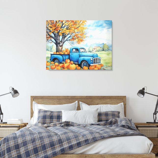 Autumn Vintage Pickup and Pumpkins 32x24 Canvas Print (Insitu(Bedroom))