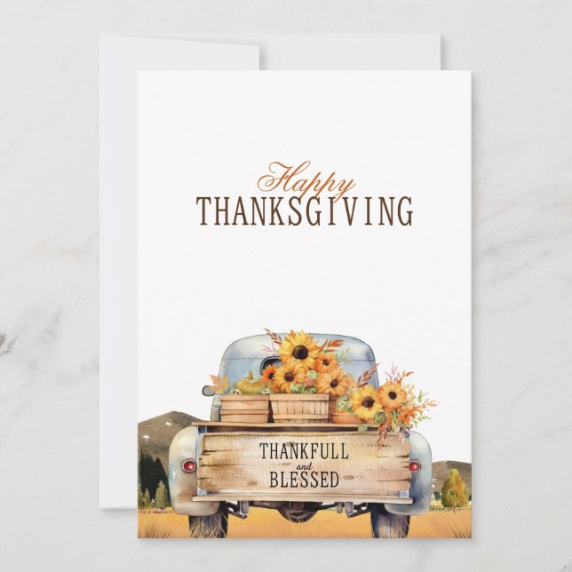 Autumn vintage truck with sunflowers thanksgiving  holiday card (Front)