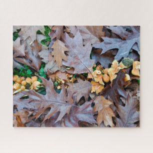 Autumn w/ yellow mushrooms and brown fallen leaves jigsaw puzzle