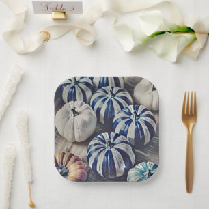 Autumn Watercolor Blue and White Pumpkin Square  Paper Plate