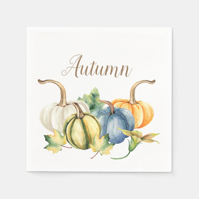 Autumn Watercolor Blue Orange Green White Pumpkin Napkin (Front)