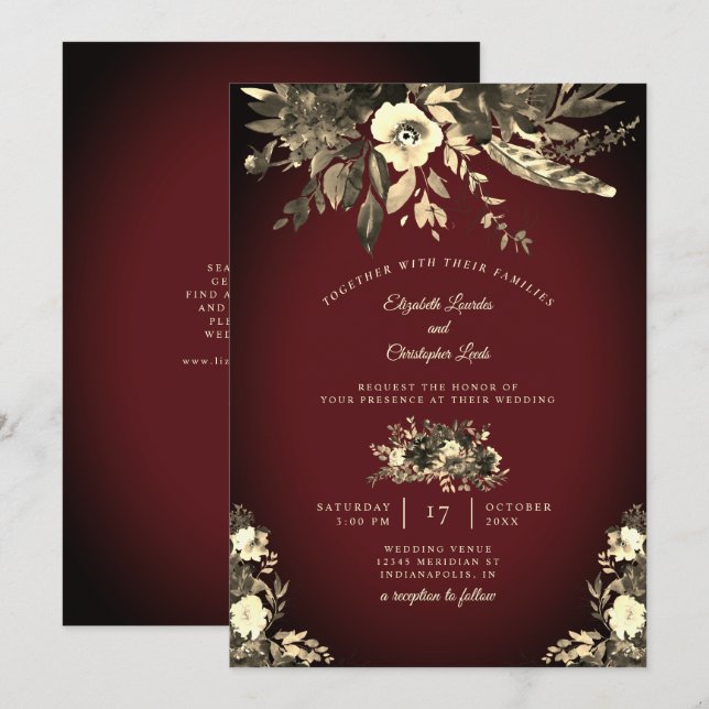 Autumn Watercolor Floral Burgundy & Ivory Wedding Invitation (Front/Back)