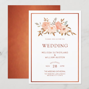 Autumn Watercolor Floral Copper Wedding Invitation