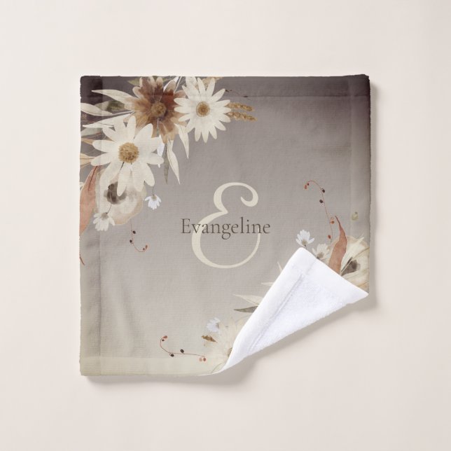 Autumn Watercolor Floral Monogram Personalized Bath Towel Set (Wash Cloth)