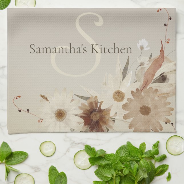 Autumn Watercolor Floral Monogram Personalized Kitchen Towel (Folded)