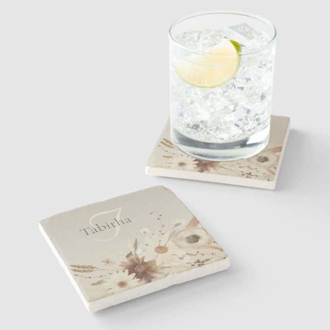 Autumn Watercolor Floral Monogram Stone Coaster (Side)