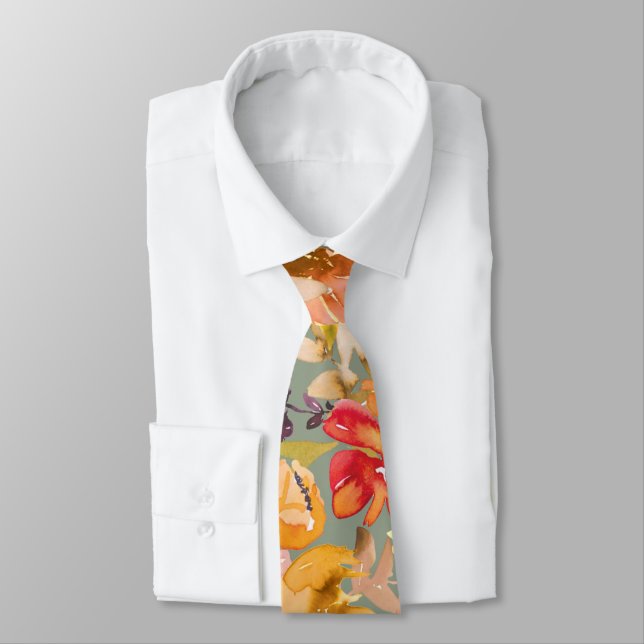 Autumn Watercolor Floral Pattern Chic Wedding Tie (Tied)
