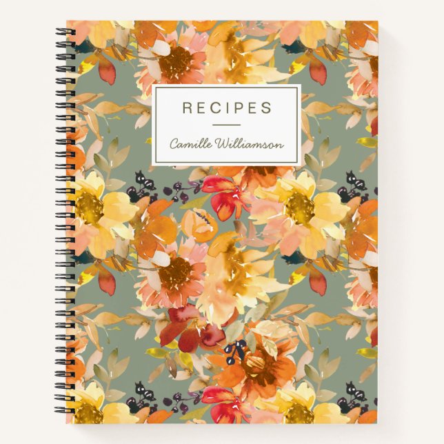 Autumn Watercolor Floral Personalized Recipe Notebook (Front)