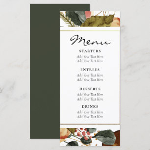 Autumn Watercolor Floral Rustic Dark Green Wedding Menu