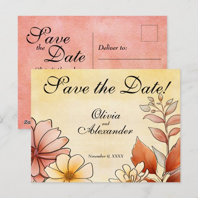 Autumn Watercolor Floral Terracotta Save the Date Postcard (Front/Back)