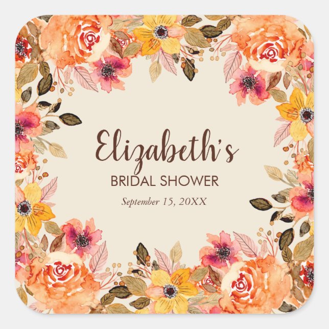 Autumn Watercolor Flowers Bridal Shower Square Sticker (Front)